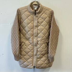 NWT Rachel Zoe Quilted Puffer Jacket Knit Sleeves Neutral Beige Contemporary Lg